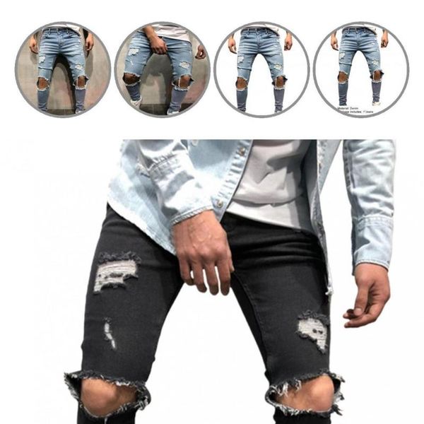 

men's jeans discolored slim ragged zipper trousers for summer, Blue