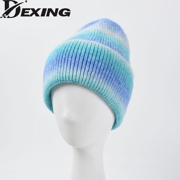 

beanie/skull caps tie dye wool beanies women autumn winter thick warm gradient rainbow knitted hat lady skullies bonnets wholesale, Blue;gray