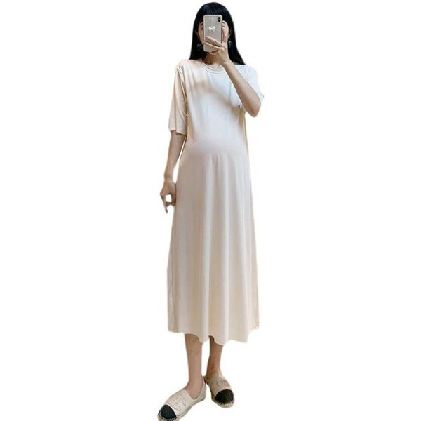 

maternity dresses summer long women casual loose short sleeve dress cotton clothes for pregnant thin pregnancy, White