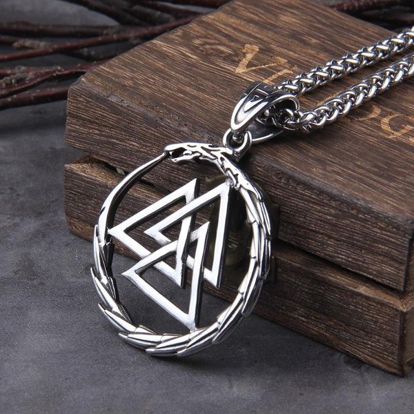 

never fade men stainless steel viking self-devourer ouroboros valknut amulet dragon pendant necklace with vikings wooden box necklaces, Silver