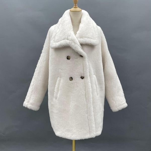 

women's fur & faux real shearling trench coat women winter sheep oversize wool teddy overcoat, Black