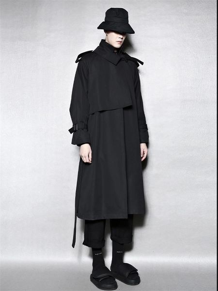 

men's trench coats windbreaker dark cargo style urban youth fashion loose medium long coat, Tan;black