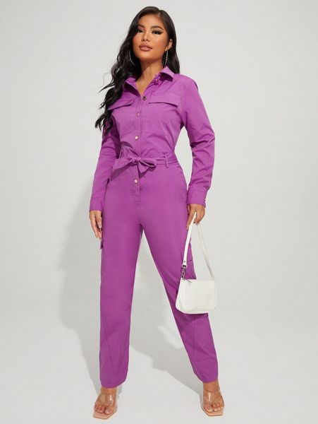 

solid belted shirt jumpsuit m6x0#, White