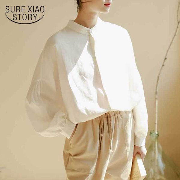 

women literary versatile casual autumn stand-up collar long lantern sleeve blouse solid cardigan shirts blusas mujer 11504 210528, White
