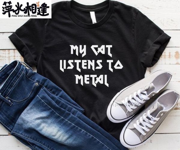 

women's t-shirt women t shirt my cat listens to metal letter print tshirt short sleeve o neck loose ladies causal tee, White