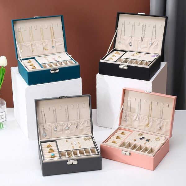 

jewelry pouches, bags 4 color leather organizer box women display storage case for earrings rings necklace with lock, Pink;blue