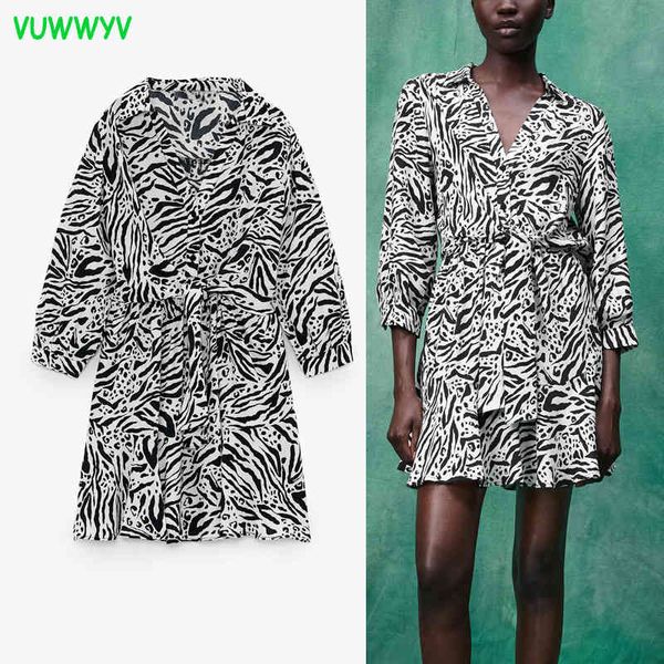 Vuwwwyv Abiti per le donne Bianco Black Animal Print Rucchizzato Ruffle Ruffle Mini Dress Donna Manica lunga Manica Lunga Elastic Waist Bow Knot Vestidos 210430