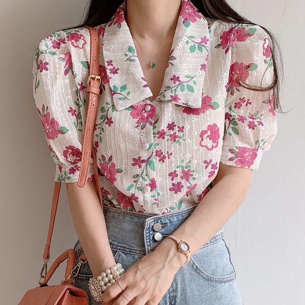 

loose vintage elegantes feminina v neck chiffon korea summer embroidery print short sleeve women floral blouse shirt 615b 210420, White