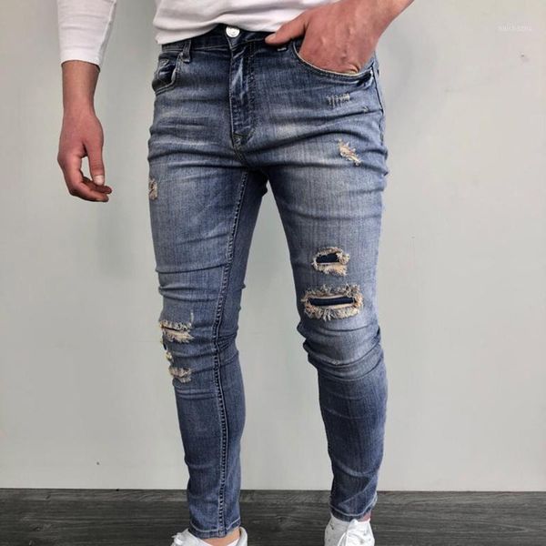 

men's jeans 2021 brand style stylish ripped skinny destroyed frayed slim fit denim pants trousers vinatge, Blue