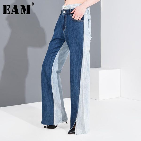 

women's jeans [eam] contrast color blue long wide leg high waist loose women trousers fashion tide spring autumn 2021 1t27605