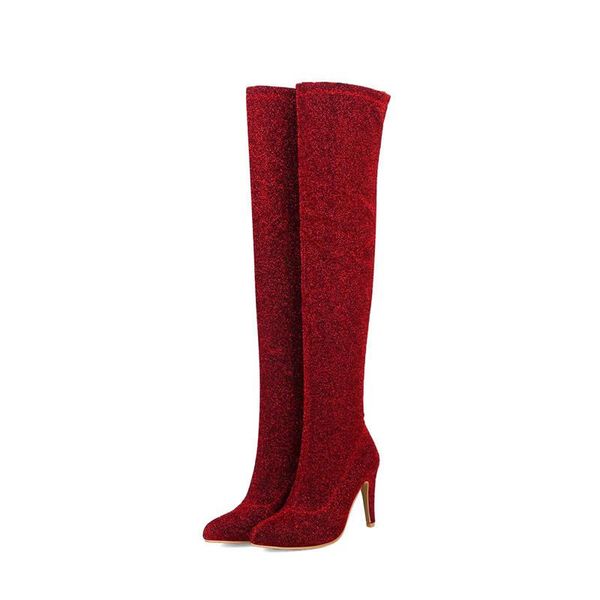 

boots qplyxco2021 arrival thigh high over the knee women solid colors stretch socks autumn winter heels shoes, Black