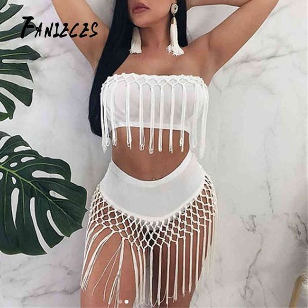 Fanieces 2 Duas peças Set Tassel Bandage Dress Preto Branco Moda Es Sexy Sem Mangas Mini Drop 210520