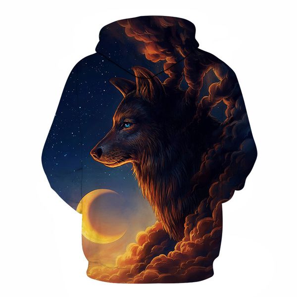 

new star sky moon wolf tid0e 3d sweater couple long sleeve hooded pullover, Black