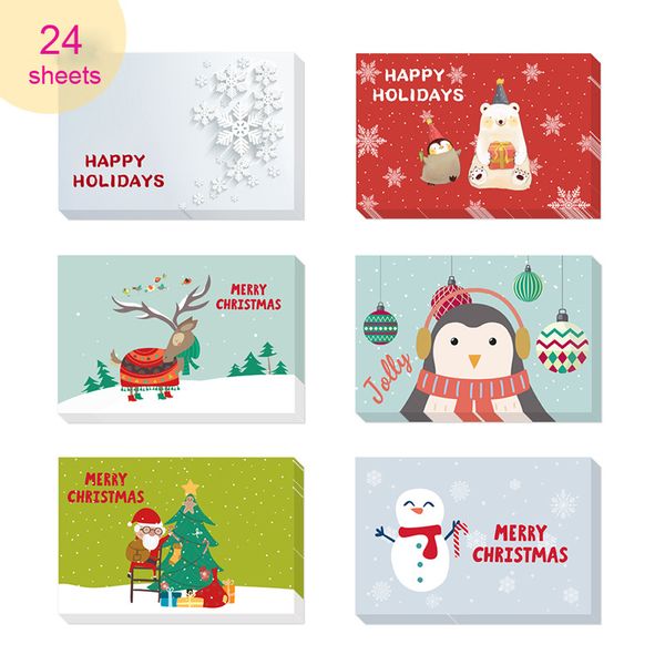 Conjunto de cartões de felicitações de festa festiva de Natal, impressão de padrão de desenho animado, mensagem de presente de feriado adorável, cartões de bênção, envelope, adesivos WK0002