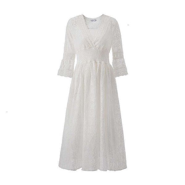 

casual dresses lace trim hollow out embroidered long women white deep v neck half sleeve plain cotton robe beach party summer lqvv, Black;gray