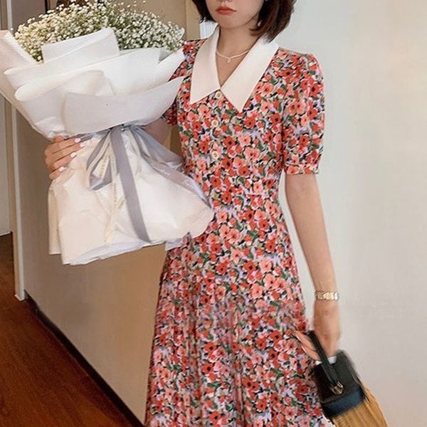 

dresses 2021 summer sweet elegant women short sleeve floral printed office lady party beach one piece dress korean casual, Black;gray