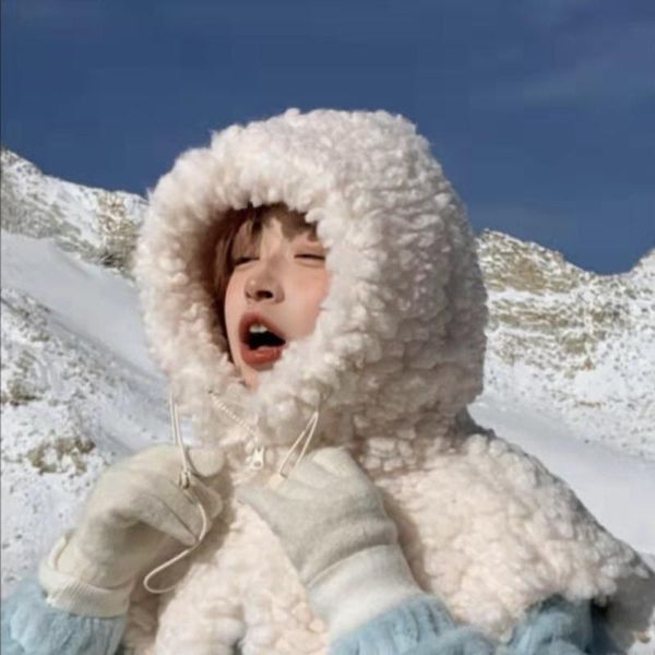 

beanies women winter thicken lambswool plush warm hat scarf cute bear ears windproof earflap beanie cap drawstring chin strap