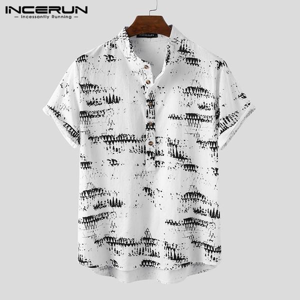 

summer cotton shirt men casual printed 2021 short sleeve streetwear stand collar camisa masculina breathable chic blouse men's shirts, White;black