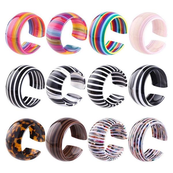

bangle boutique quality colorful resin stripe rainbow cuff bracelets bangles for women glossy acetate wide c shape open leopard, Black