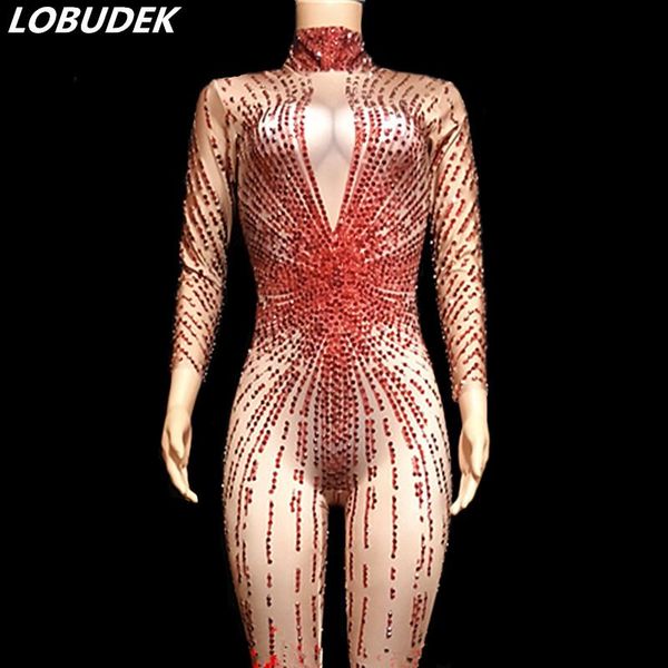

women's jumpsuits & rompers fashion high-end women costume red full rhinestones elastic jumpsuit birthday party outfit nightclub singer, Black;white