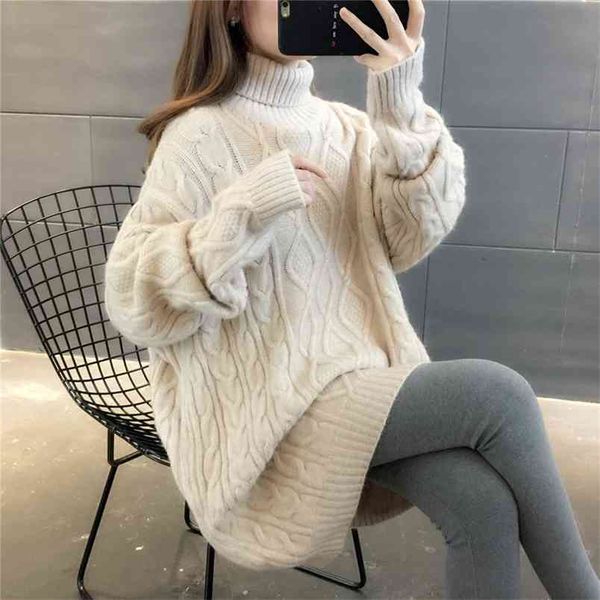 

turtleneck loose lazy wind long sweater women sleeve striped jacquard straight knitted female spring autumn 210427, White;black
