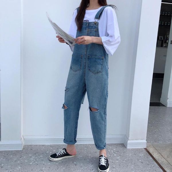 

women's jeans women suspenders cotton overalls design with holes, Blue