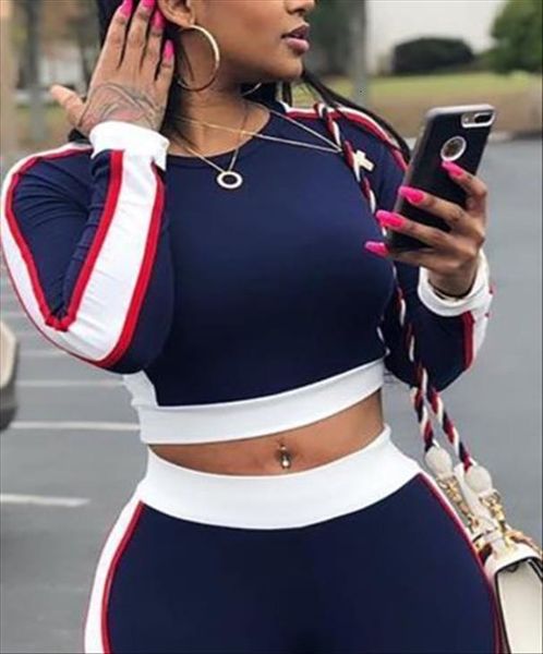 

autumn contrast stripe cropped womenpant tracksuits skinny sport suit crop amp pant 2pcs set usa, White