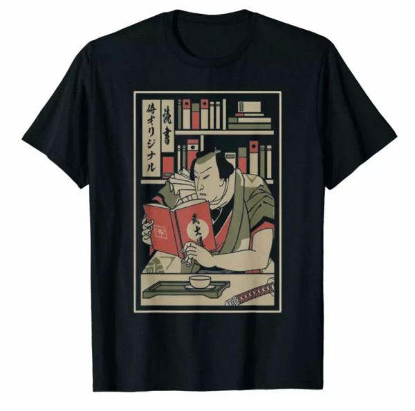 

r1 samurai reading book gaining knowledge funny black t-shirt for samurai lovers, White;black