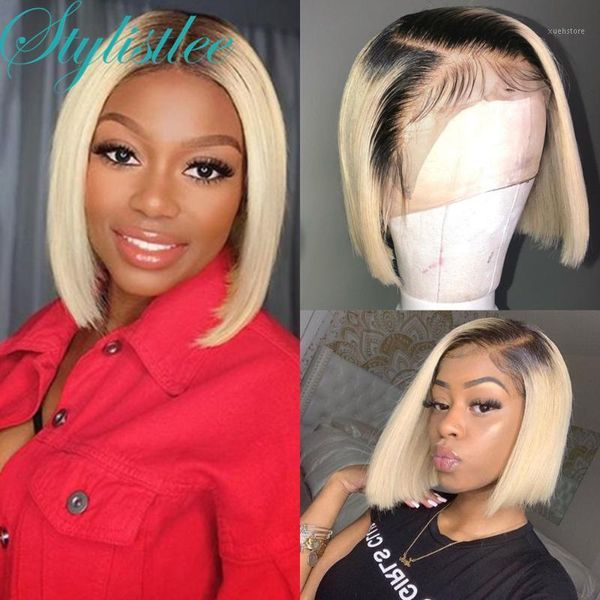 

straight short bob wig lace front human hair wigs for black women 613 frontal color ombre t part1, Black;brown