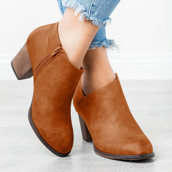 

boots square heel zipper short women shoes solid color booties round toe ankle for botas de mujer 2021 nuevas, Black
