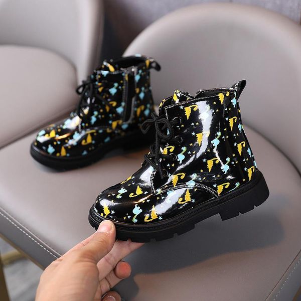 

children boots 2021 spring autumn shoes boys girls waterproof non-slip ankle print cartoon kids leather, Black;grey