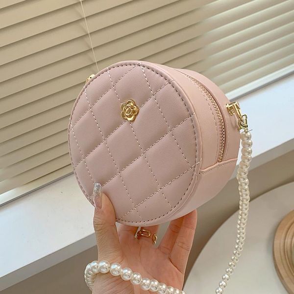 

round shape pu leather lattice crossbody bags for women designer small handbags pearl strap messenger bag female mini purses evening