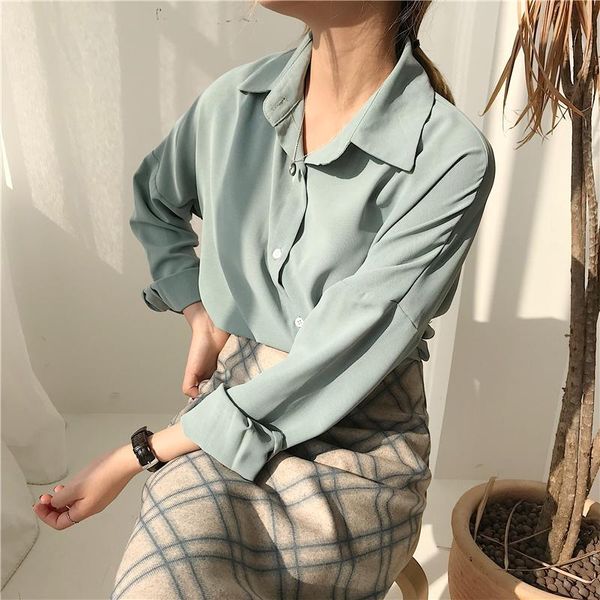 

spring summer solid women blouses turn-down collar single-breasted elegant casual shirts long sleeve office lady women's &, White