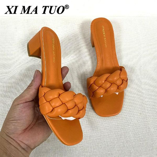 

sandals square low heel woman 2021 summer shoes weave open toe fashion women heels leather casual outside baech, Black