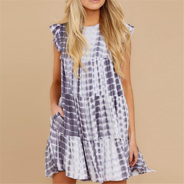 

casual dresses la cisne summer style round neck knee-length tie-dye stitching lotus leaf sleeve large size loose sleeveless dress women, Black;gray