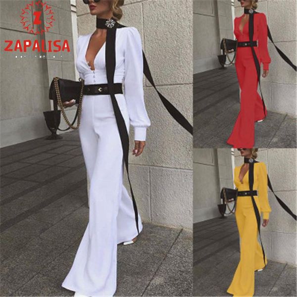 

women's jumpsuits & rompers elegant sashes decor high waist jumpsuit big v solid color patchwork streetwear long sleeve wide leg, Black;white