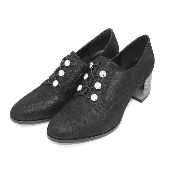 

casual fashion genuine leather high heel round metal decoration lace-up sheepskin classic office women shoes c7 dress, Black