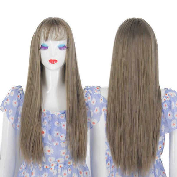 

net red same women's straight air bangs long whole wig cover false hair, Black
