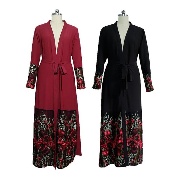 

ethnic clothing muslim women cardigan skirt loose elastic chiffon embroidery stitched robe islamic, Red