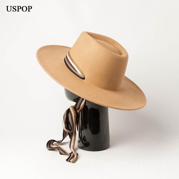 

stingy brim hats uspop 2021 women fedoras wide wool jazz female striped long ribbon, Blue;gray