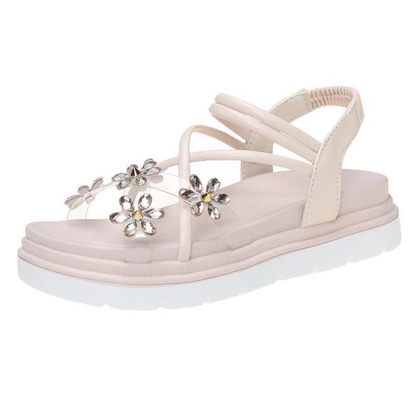 

rhinestone flower sandals female summer fairy style slope with 2021 fashion flat roman ins tide, Black