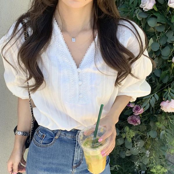 

women's blouses & shirts sweet white korean style loose full sleeve casual prom blouse female v neck lace patchwork elegant