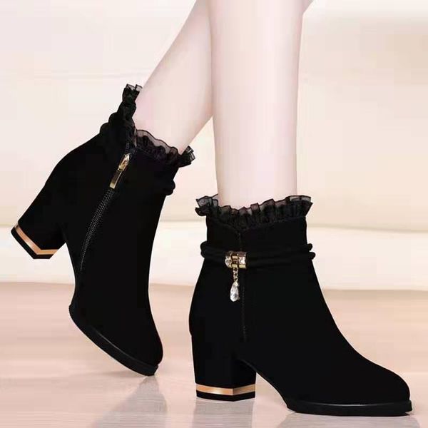

plus fleece to keep warm] 2021 winter suede short boots thick heel women's lace wild side zipper nude, Black