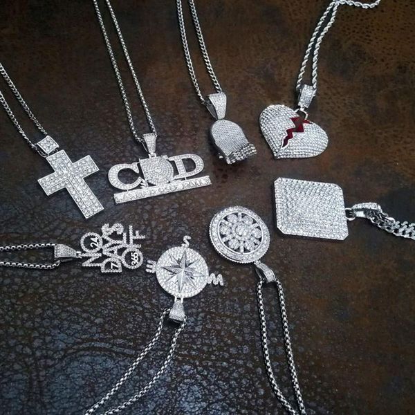 

hip hop men rhinestone crystal cross heart shaped pendant necklace cuban link fashion jewelry necklaces, Silver