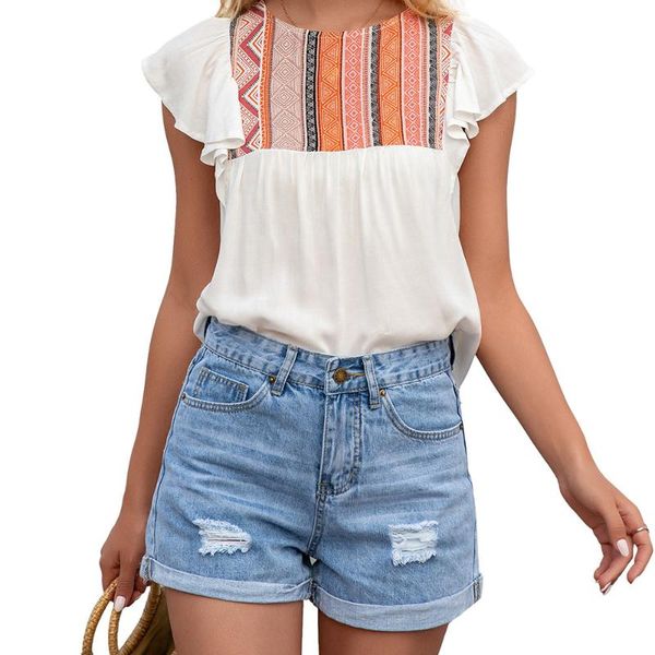 

women's blouses & shirts 2021 women folk patchwork print shirt summer casual o-neck butterfly sleeves girl sweet loose pullovers ladies, White