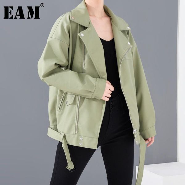 

women's jackets [eam] loose fit green belt split pu leather big size jacket lapel long sleeve women coat fashion tide spring 2021 la938, Black;brown