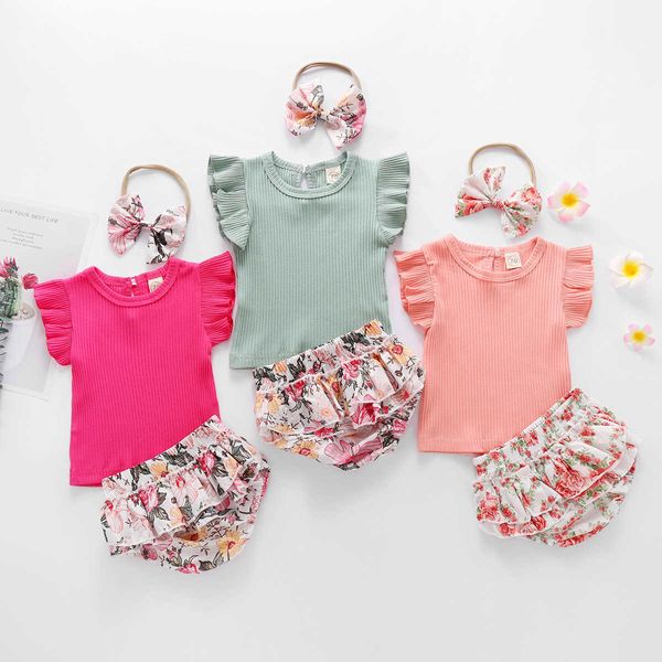 Sommer Kausal Baby Kleidung Set Outfit für Kleinkind Kleinkind Floral Baumwolle mit Stirnband 3pcs Fashion Ins Boutique 210529