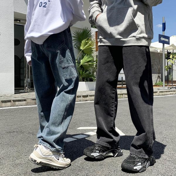 

autumn korean straight jeans mens fashion solid color casual retro jeans men streetwear loose hip-hop denim trousers mens s-2xl, Blue