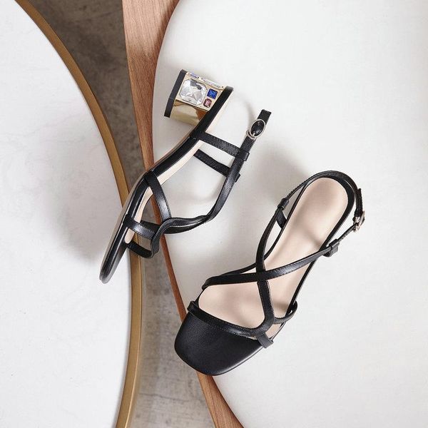 

genuine leather women sandals brand high heels party dress lady basic shoes woman ladies large size 34-43, Black
