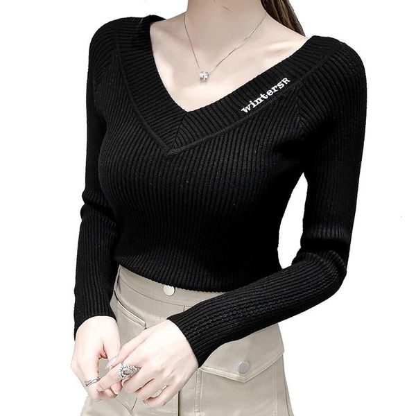 

women's sweaters korean women pullover sweater embroidered v-neck solid color slim knit jumper, White;black
